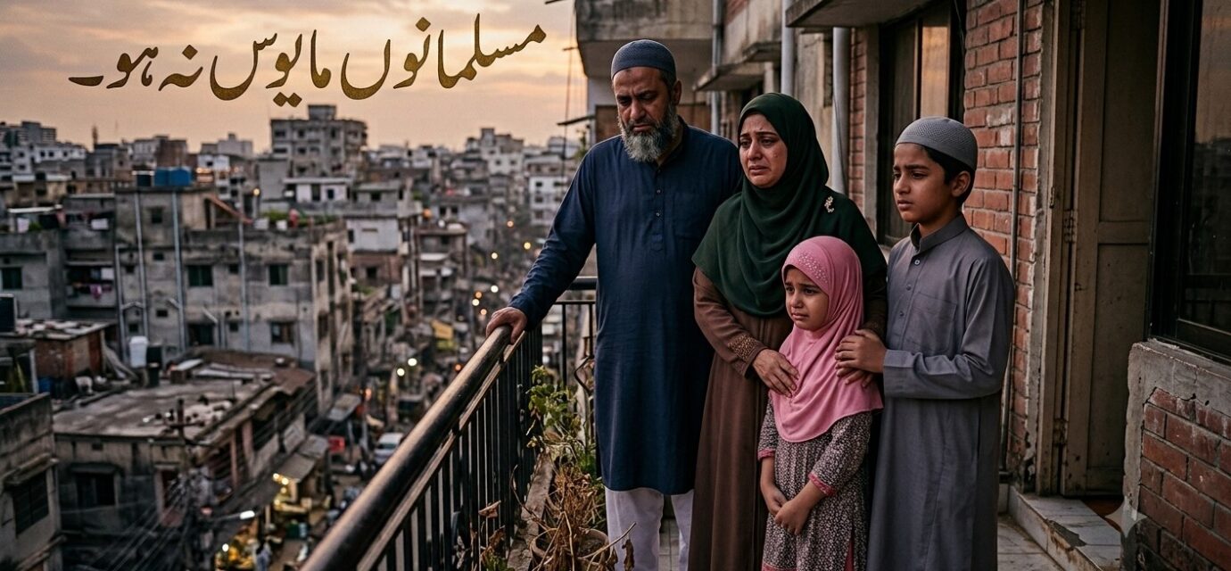 قرآن مجید کے ساتھ دعا کرتے ہوئے مسلمان، صبر اور اللہ پر بھروسے کی علامت